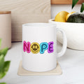NOPE Retro Neon Mug | Millennial Nostalgia Coffee Mug | 90s Smiley Face Mug