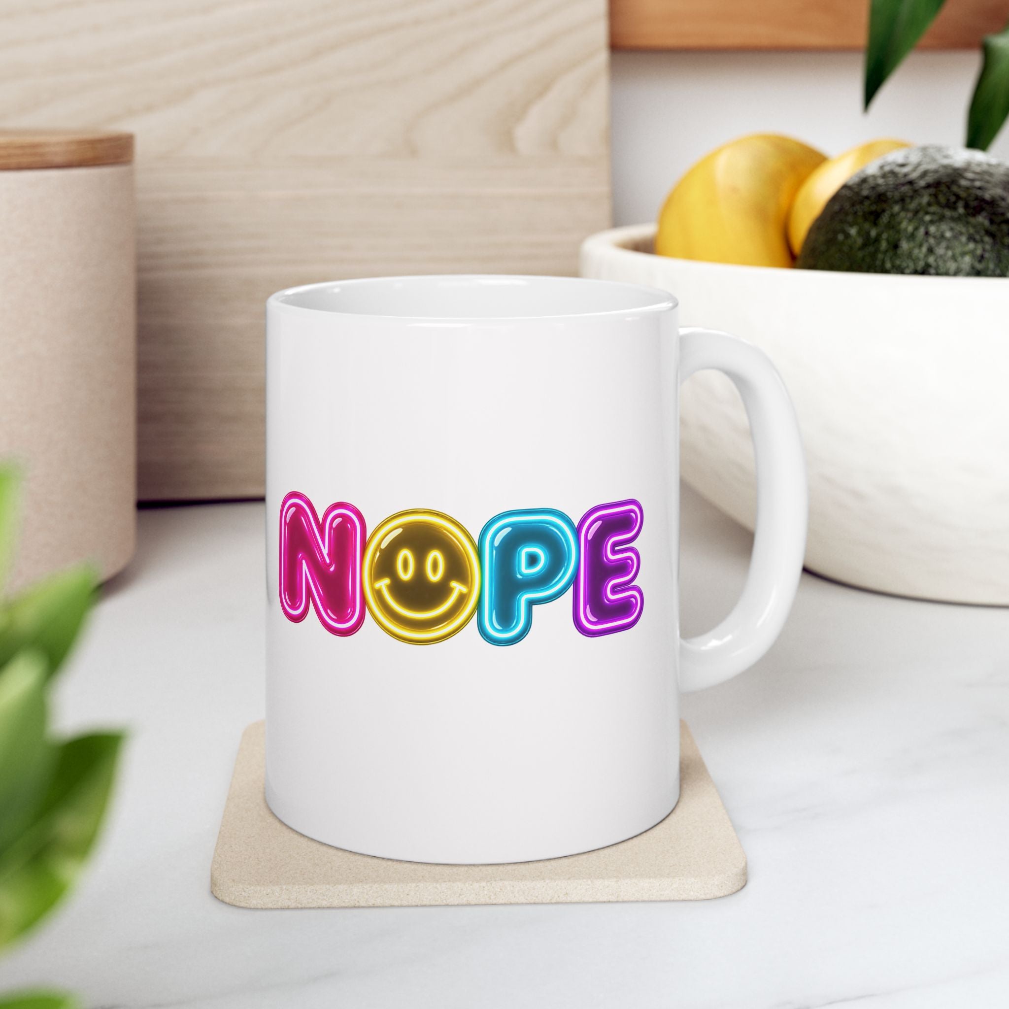 NOPE Retro Neon Mug | Millennial Nostalgia Coffee Mug | 90s Smiley Face Mug