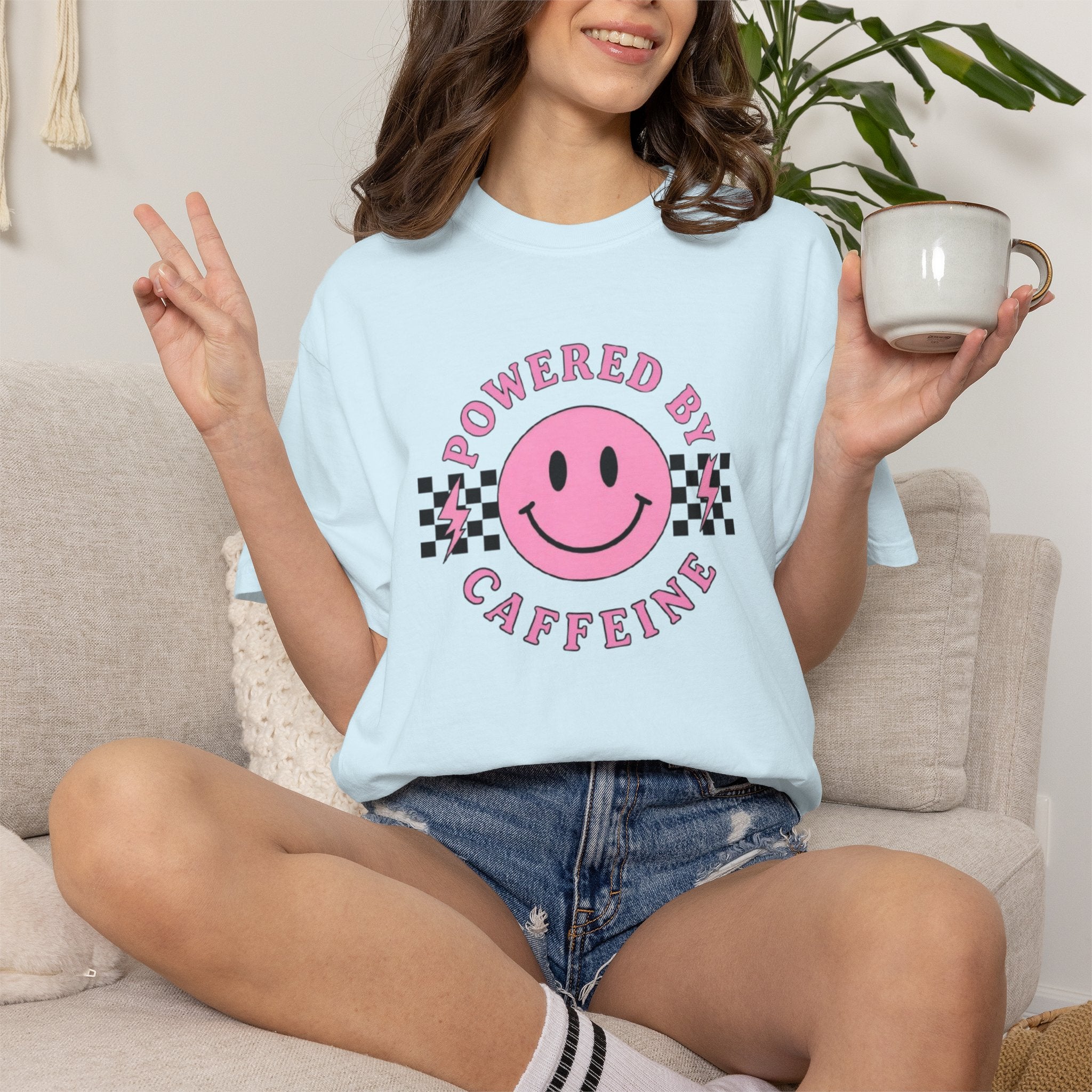 Comfort Colors Powered By Caffeine Shirt - Pink Smiley Face Retro Coffee Graphic Tee