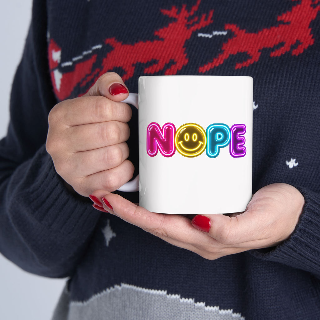 NOPE Retro Neon Mug | Millennial Nostalgia Coffee Mug | 90s Smiley Face Mug