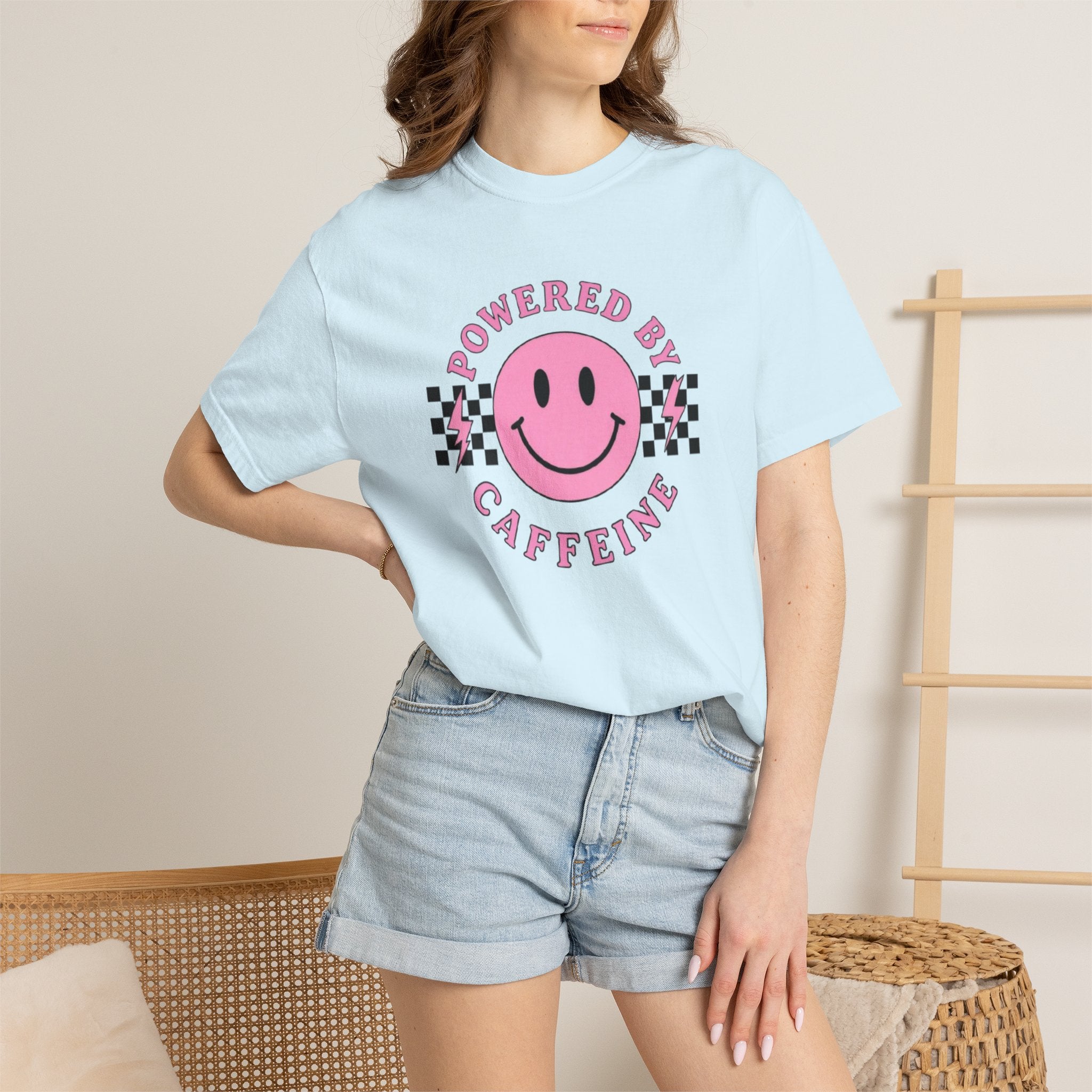 Comfort Colors Powered By Caffeine Shirt - Pink Smiley Face Retro Coffee Graphic Tee