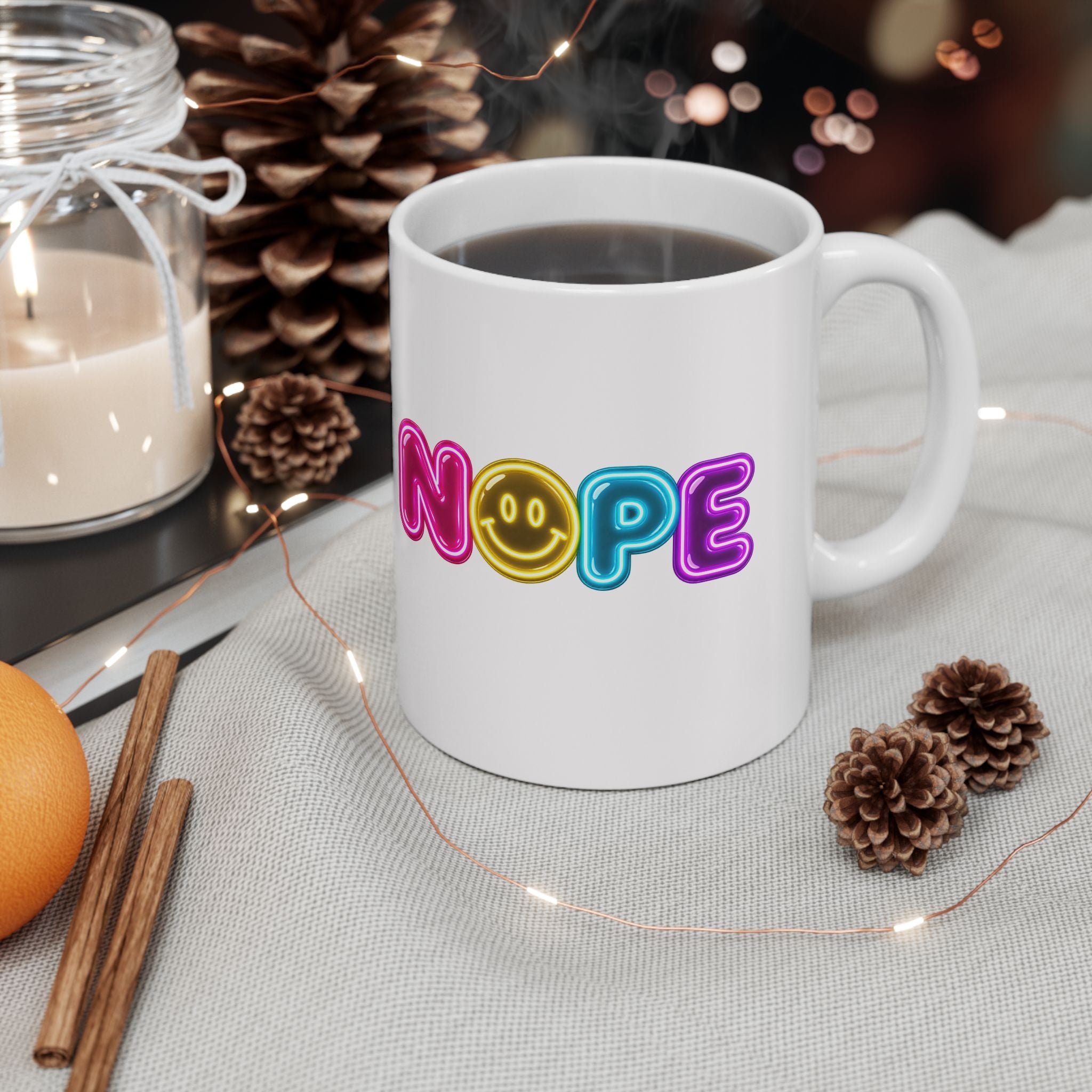 NOPE Retro Neon Mug | Millennial Nostalgia Coffee Mug | 90s Smiley Face Mug