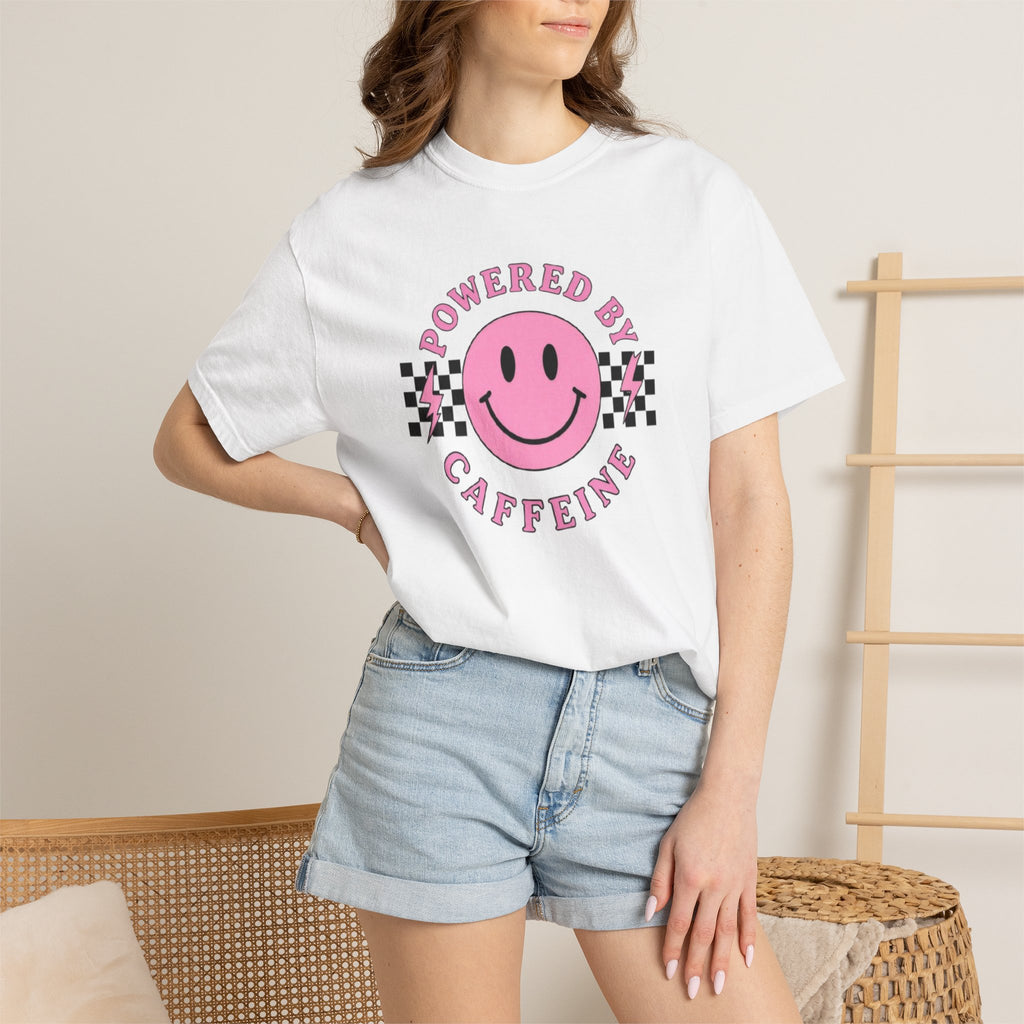 Comfort Colors Powered By Caffeine Shirt - Pink Smiley Face Retro Coffee Graphic Tee
