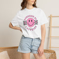 Comfort Colors Powered By Caffeine Shirt - Pink Smiley Face Retro Coffee Graphic Tee