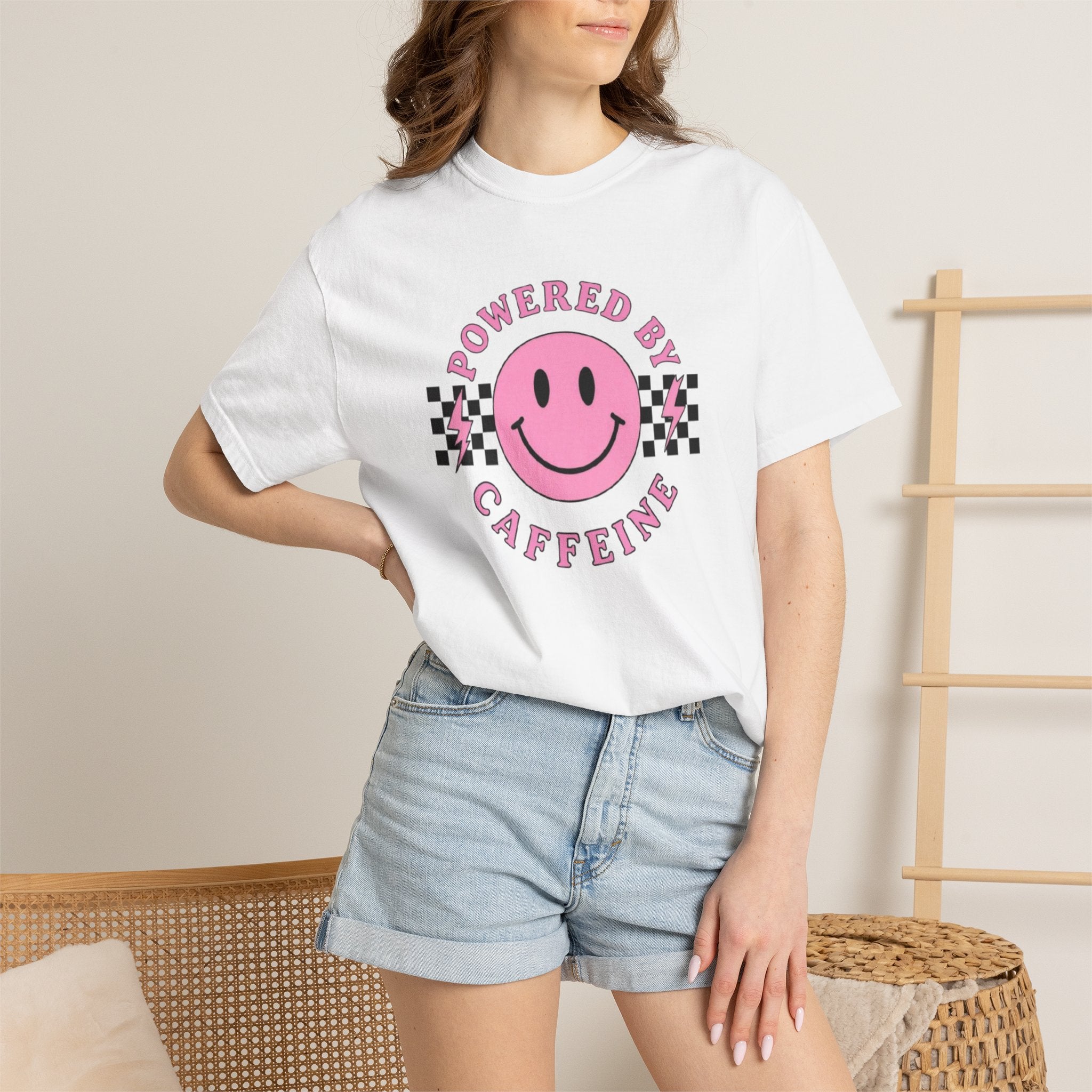 Comfort Colors Powered By Caffeine Shirt - Pink Smiley Face Retro Coffee Graphic Tee