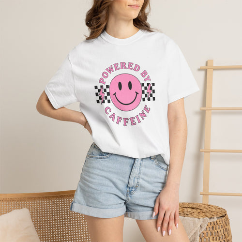 Comfort Colors Powered By Caffeine Shirt - Pink Smiley Face Retro Coffee Graphic Tee