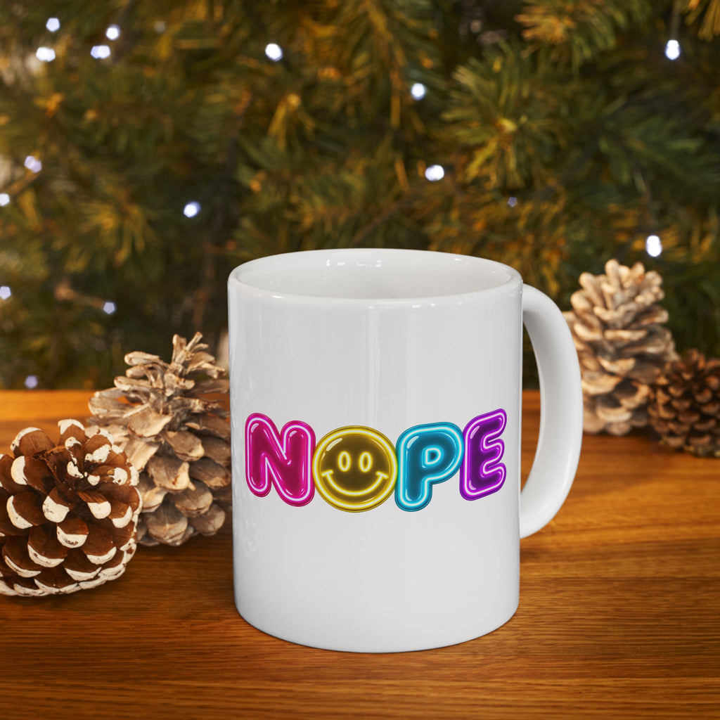 NOPE Retro Neon Mug | Millennial Nostalgia Coffee Mug | 90s Smiley Face Mug