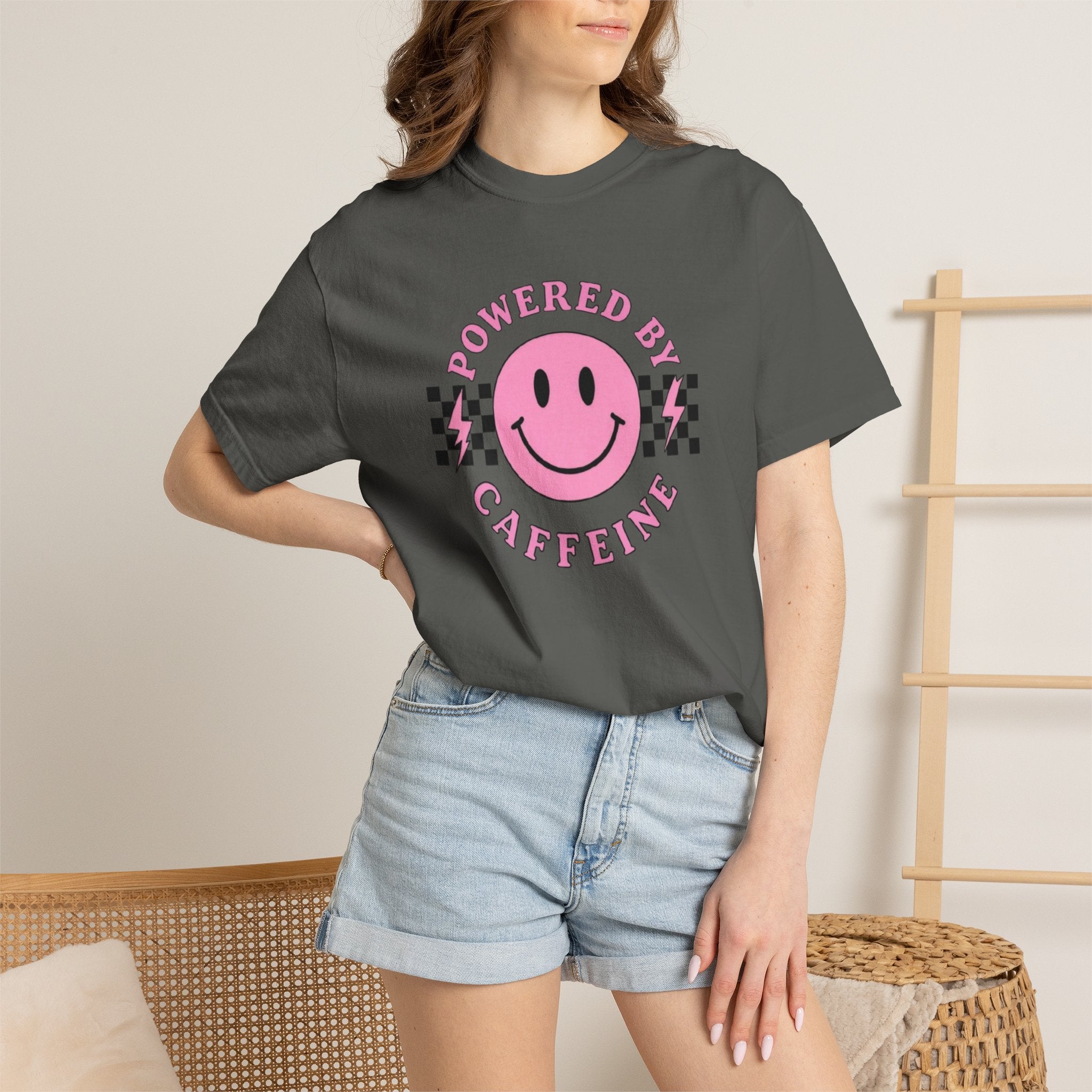 Comfort Colors Powered By Caffeine Shirt - Pink Smiley Face Retro Coffee Graphic Tee
