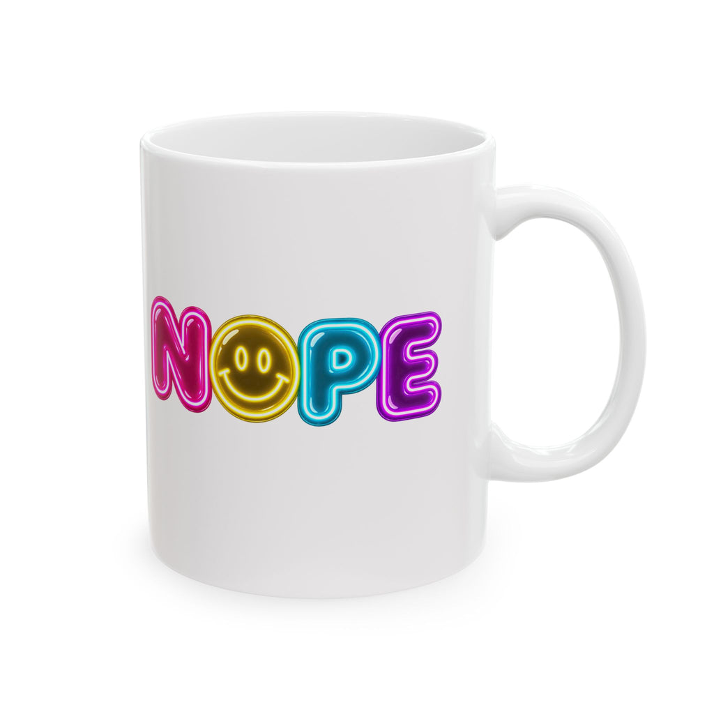 NOPE Retro Neon Mug | Millennial Nostalgia Coffee Mug | 90s Smiley Face Mug