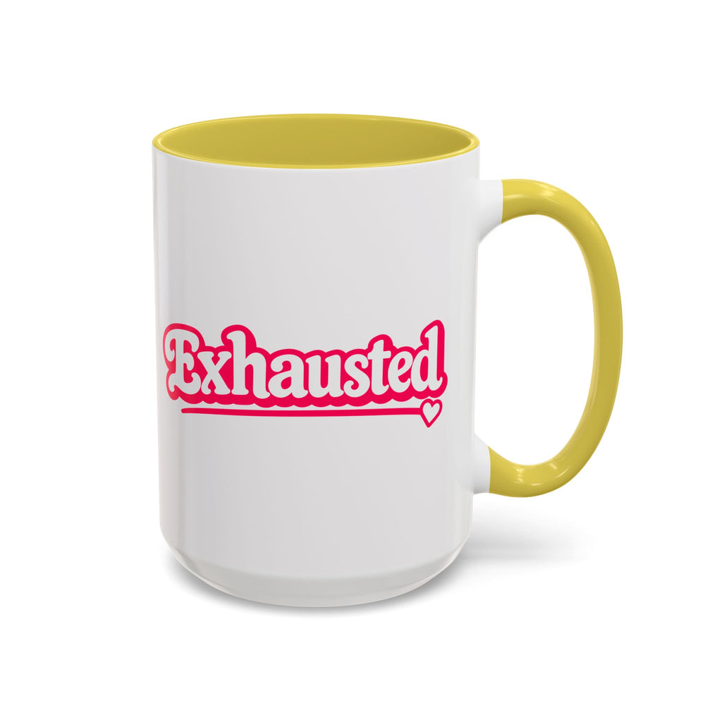 Exhausted Pink Coffee Mug – Funny Tired Girl Mug, Millennial Gift for Women, Overstimulated Work Coffee Cup, 15 oz