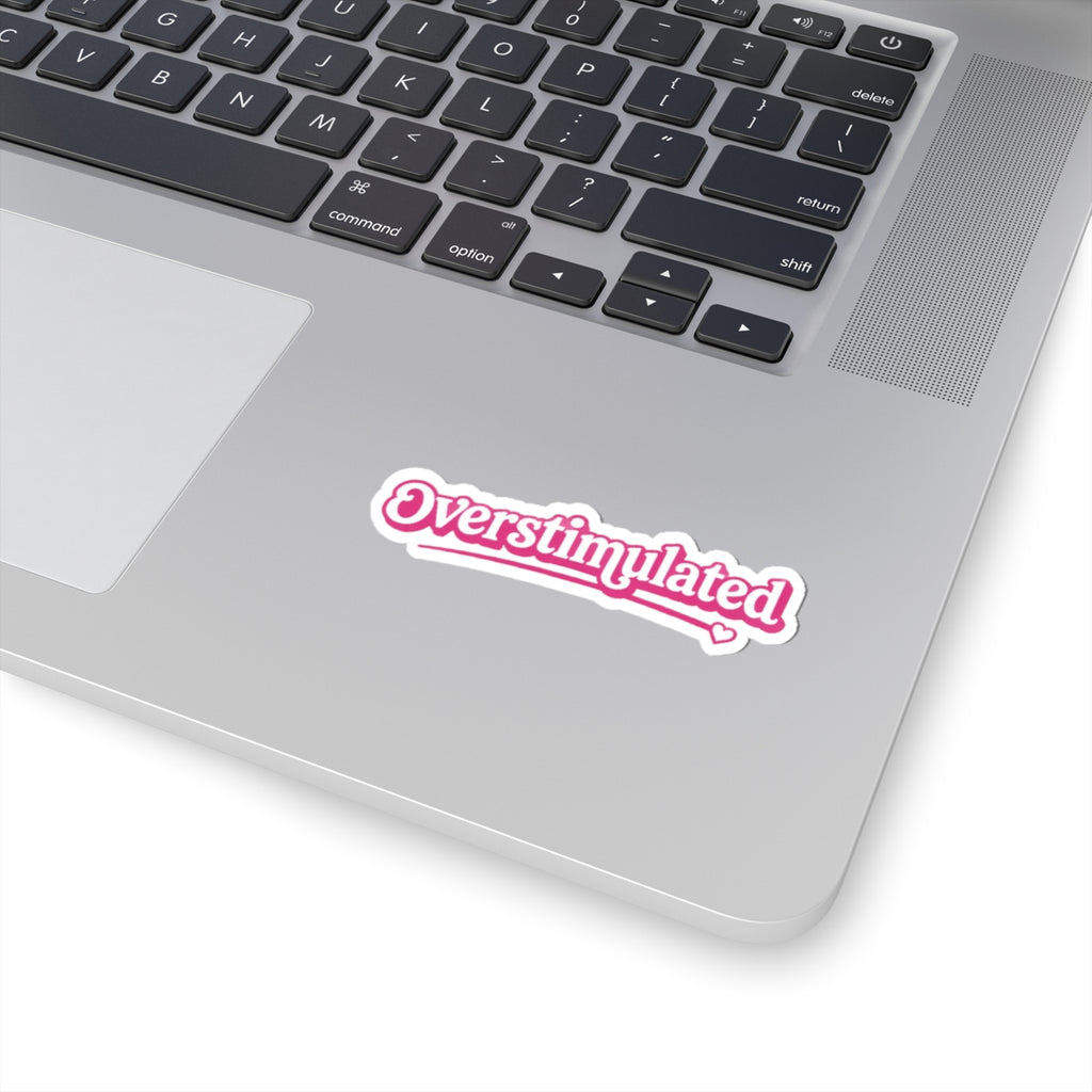 Overstimulated script sticker Kiss-Cut Sticker | pink retro cursive decal