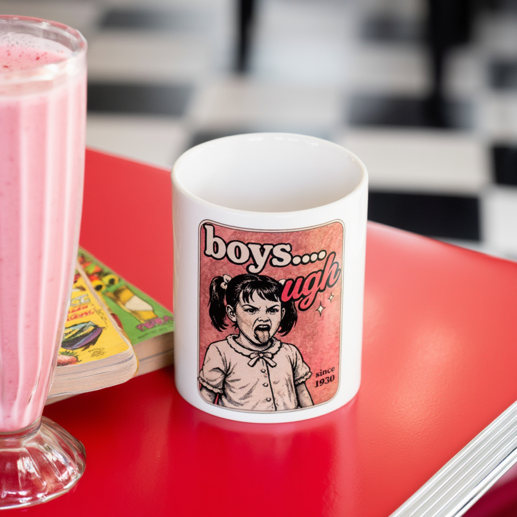 Boys Ugh Vintage Comic Style Ceramic Mug, Funny Retro Sarcastic Coffee Cup, Humorous Gift for BFF or Sister