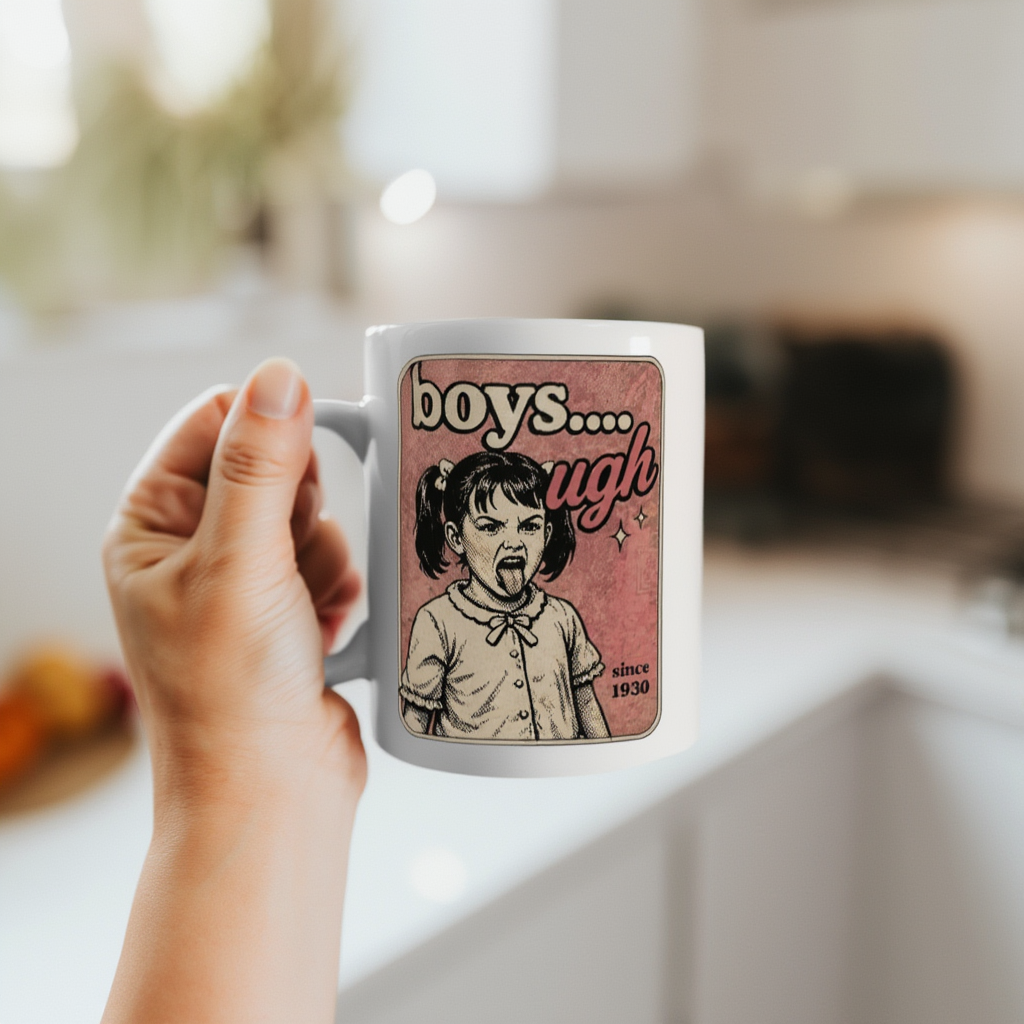 Boys Ugh Vintage Comic Style Ceramic Mug, Funny Retro Sarcastic Coffee Cup, Humorous Gift for BFF or Sister