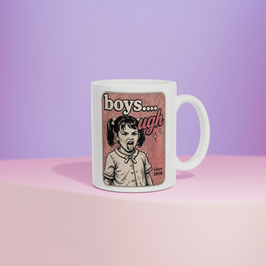 Boys Ugh Vintage Comic Style Ceramic Mug, Funny Retro Sarcastic Coffee Cup, Humorous Gift for BFF or Sister