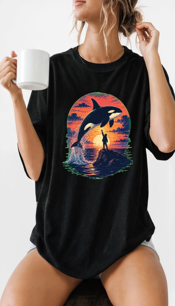Oversized Retro Orca Tee, Vintage 90s Movie Aesthetic Shirt, Killer Whale Sunset Graphic, Unisex Streetwear Top, Trendy Nostalgic Gift