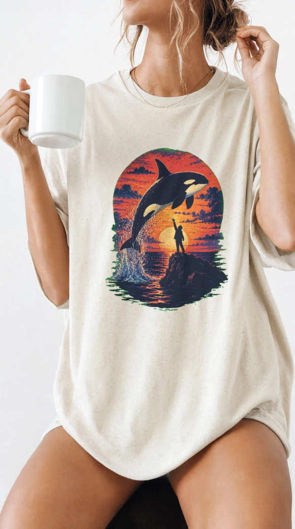 Oversized Retro Orca Tee, Vintage 90s Movie Aesthetic Shirt, Killer Whale Sunset Graphic, Unisex Streetwear Top, Trendy Nostalgic Gift