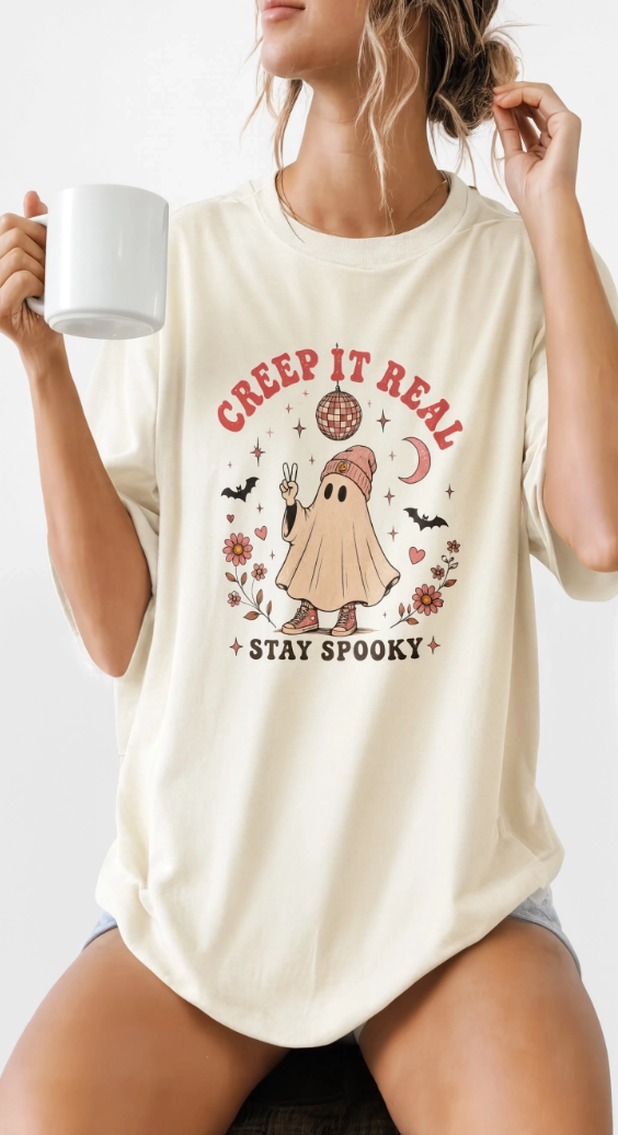 Cute Ghost Halloween Shirt | Creep It Real Retro Tee | Vintage Spooky Season Shirt | Girly Fall Graphic T-Shirt