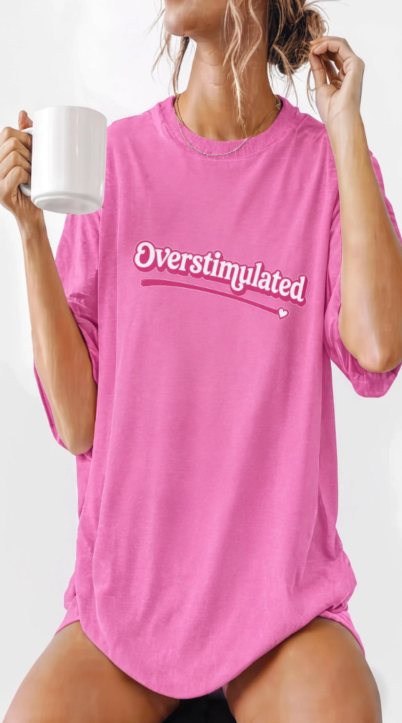 "Overstimulated" Retro Script Heavyweight Graphic Tee | Pink Nostalgia Aesthetic T-Shirt