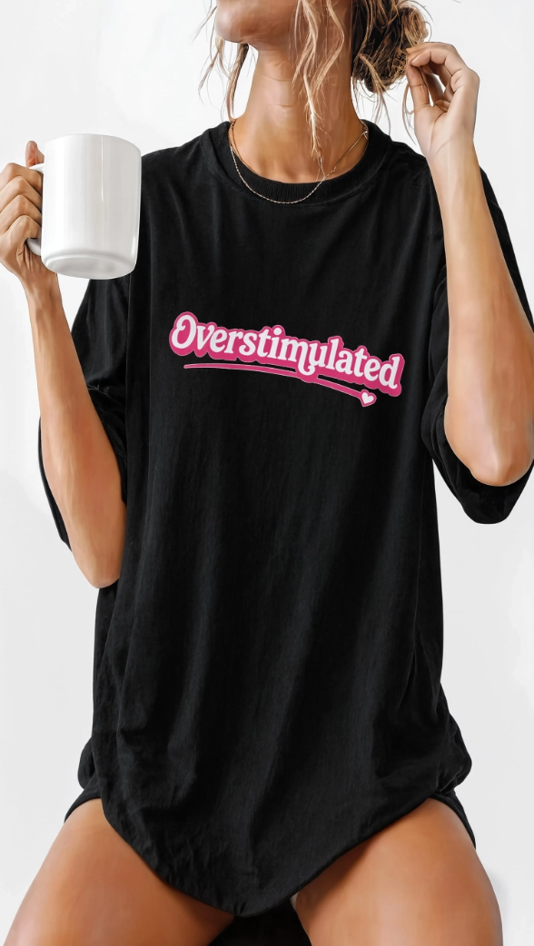 "Overstimulated" Retro Script Heavyweight Graphic Tee | Pink Nostalgia Aesthetic T-Shirt