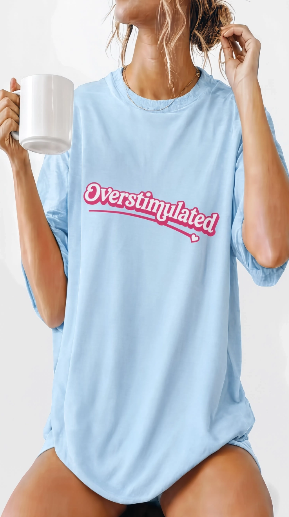 "Overstimulated" Retro Script Heavyweight Graphic Tee | Pink Nostalgia Aesthetic T-Shirt