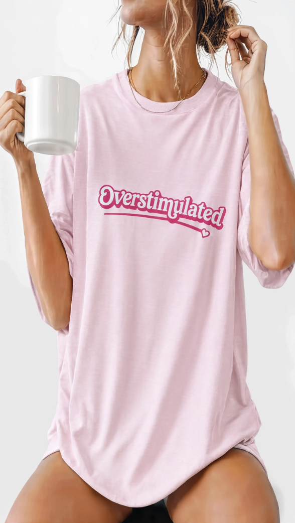 "Overstimulated" Retro Script Heavyweight Graphic Tee | Pink Nostalgia Aesthetic T-Shirt