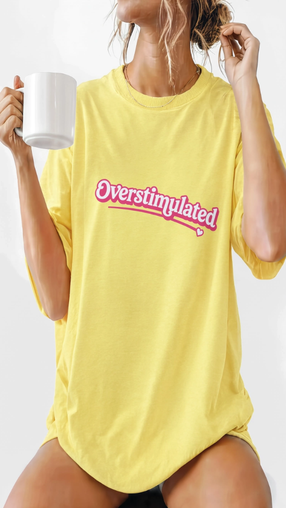 "Overstimulated" Retro Script Heavyweight Graphic Tee | Pink Nostalgia Aesthetic T-Shirt