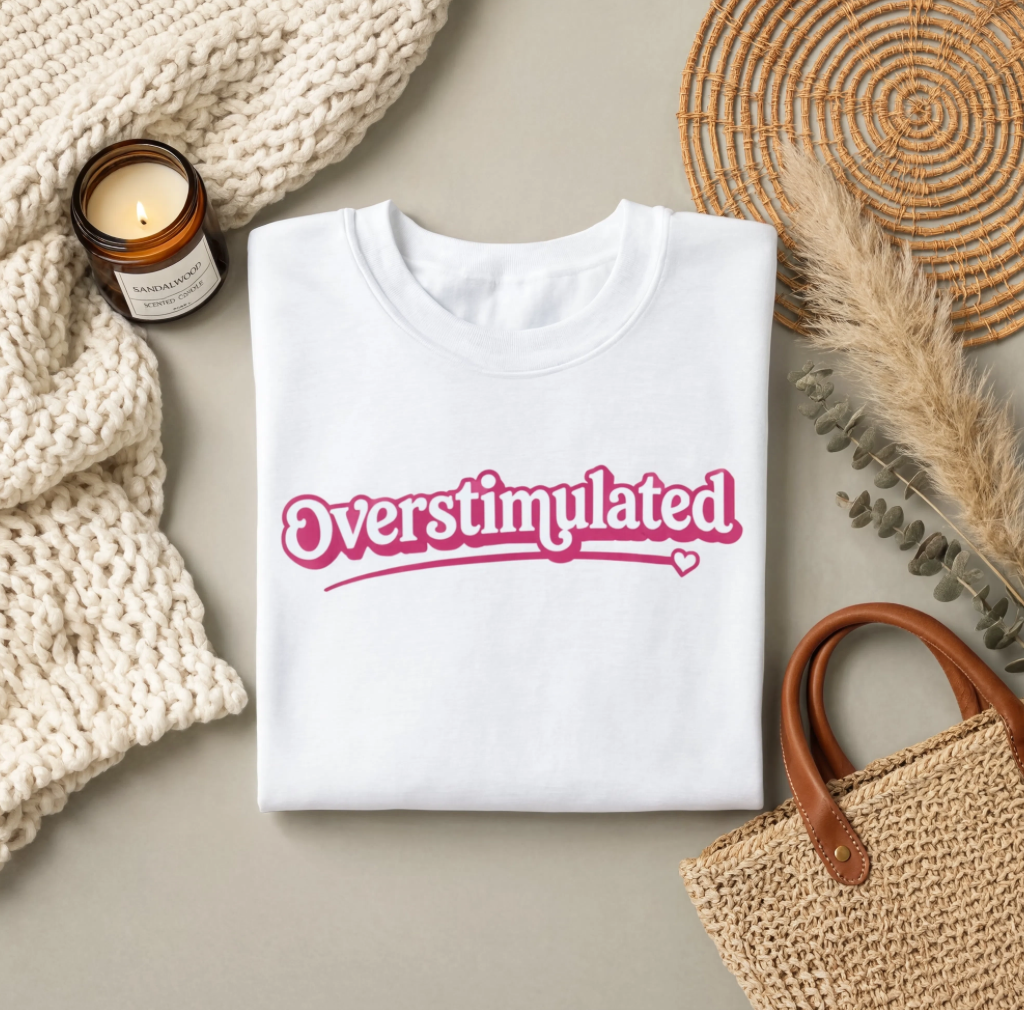 Pink Overstimulated Sweatshirt - Oversized Cozy Crewneck Sweater for Women | Trendy Preppy Lounge Wear Aesthetic