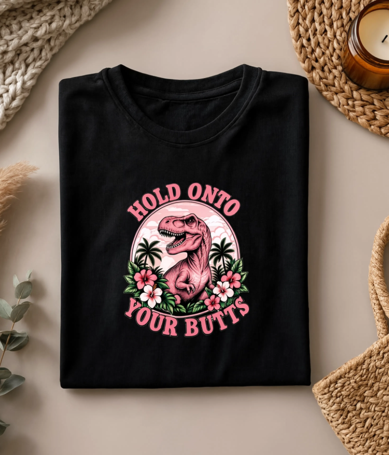 Hold Onto Your Butts Retro T-Rex Graphic Tee | Funny Dinosaur Tropical Shirt