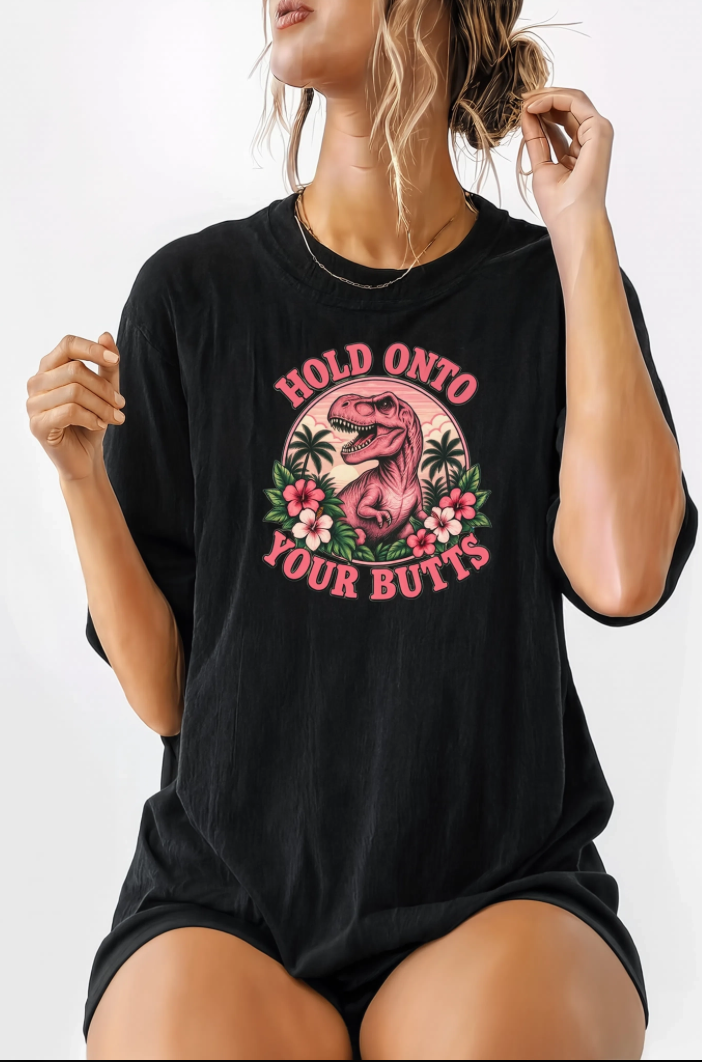 Hold Onto Your Butts Retro T-Rex Graphic Tee | Funny Dinosaur Tropical Shirt