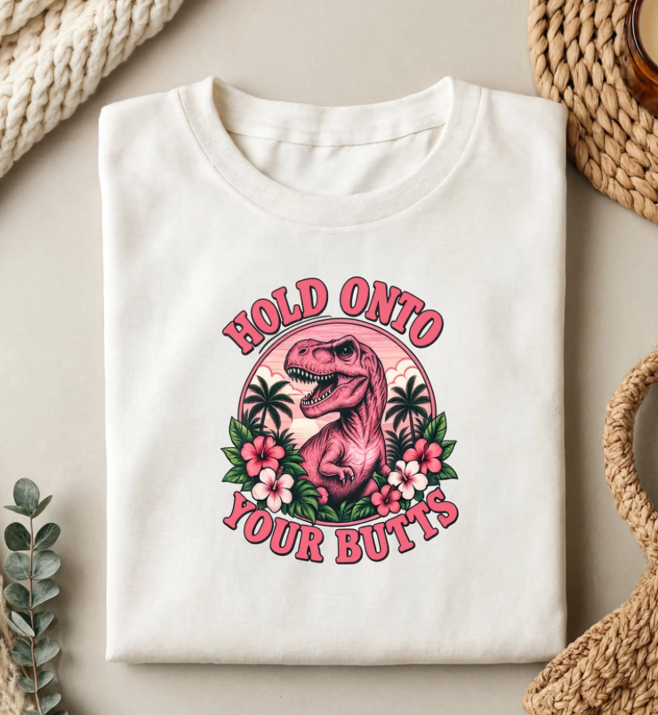 Hold Onto Your Butts Retro T-Rex Graphic Tee | Funny Dinosaur Tropical Shirt