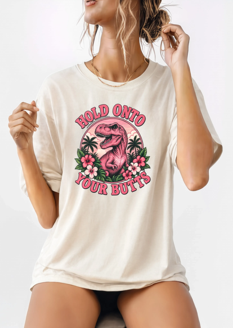 Hold Onto Your Butts Retro T-Rex Graphic Tee | Funny Dinosaur Tropical Shirt