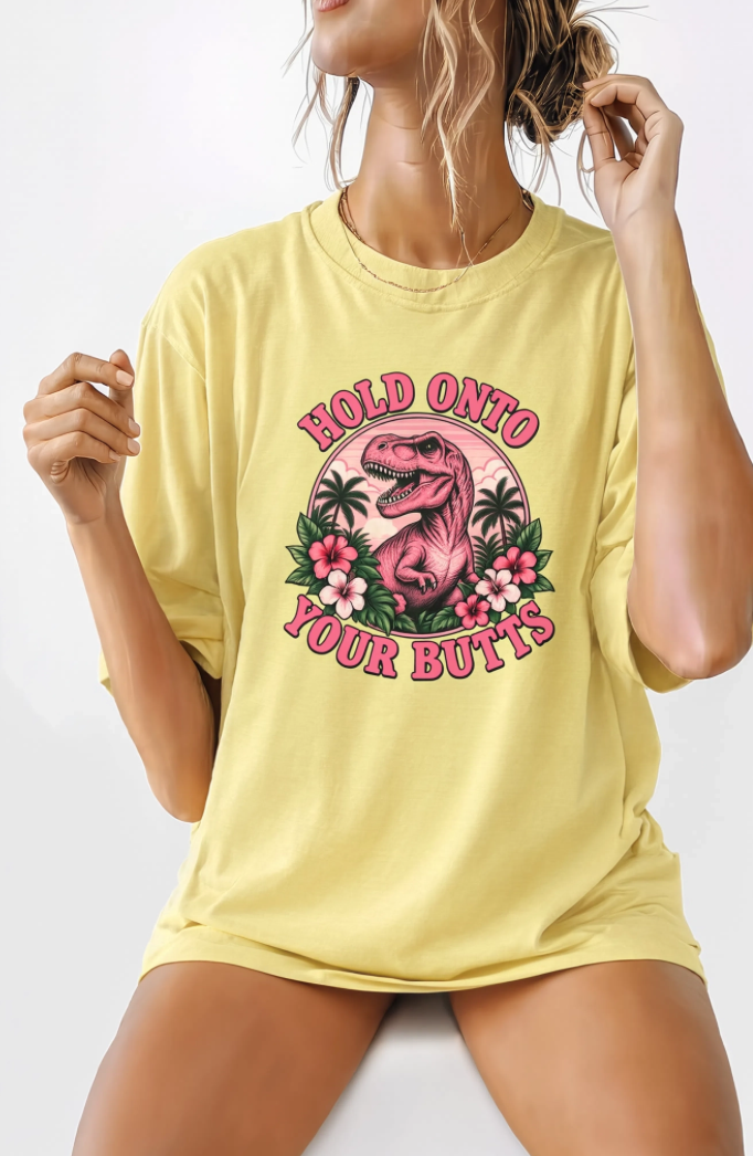 Hold Onto Your Butts Retro T-Rex Graphic Tee | Funny Dinosaur Tropical Shirt
