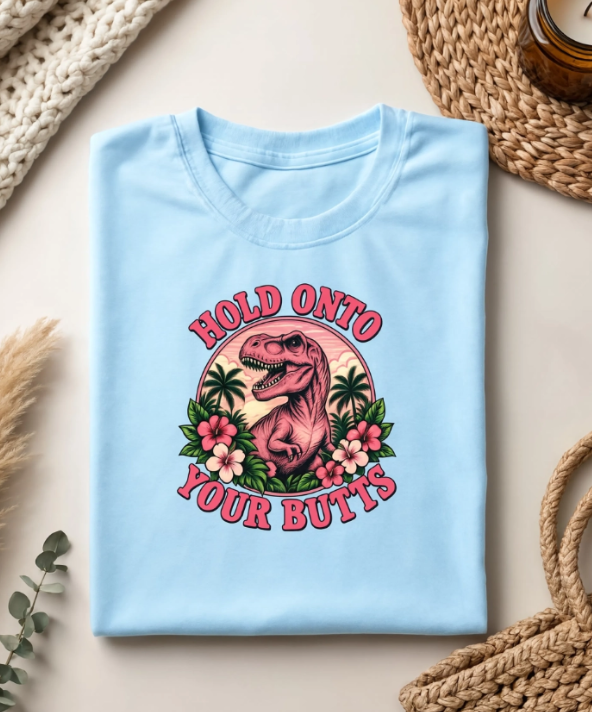 Hold Onto Your Butts Retro T-Rex Graphic Tee | Funny Dinosaur Tropical Shirt