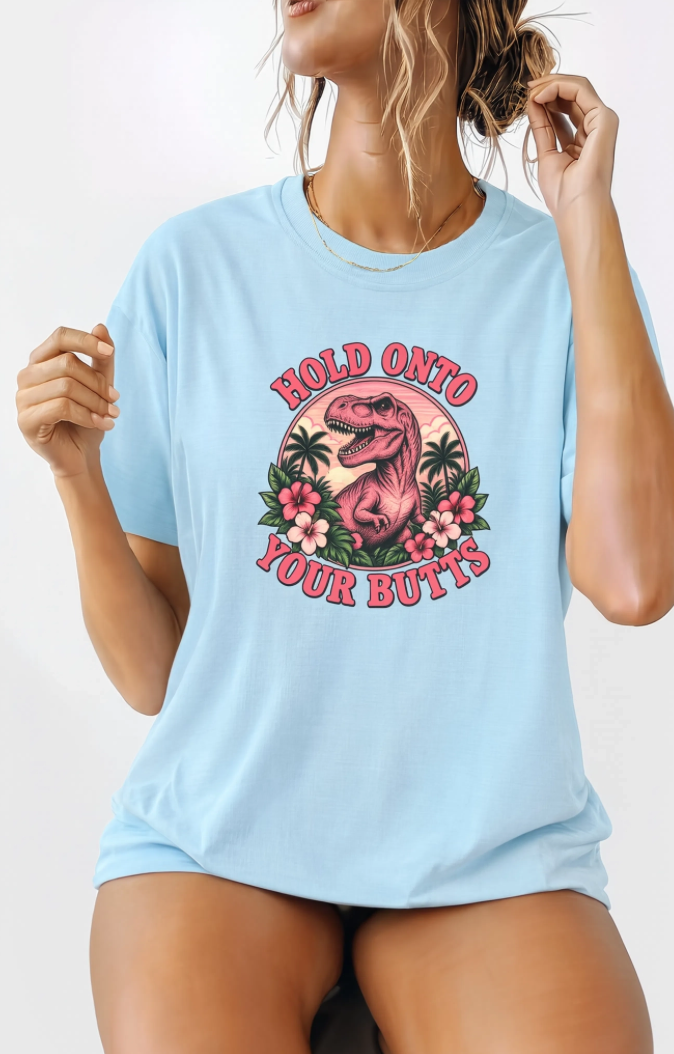 Hold Onto Your Butts Retro T-Rex Graphic Tee | Funny Dinosaur Tropical Shirt