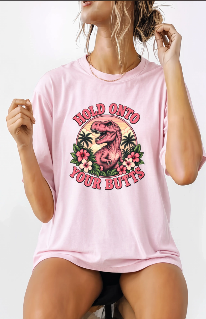 Hold Onto Your Butts Retro T-Rex Graphic Tee | Funny Dinosaur Tropical Shirt