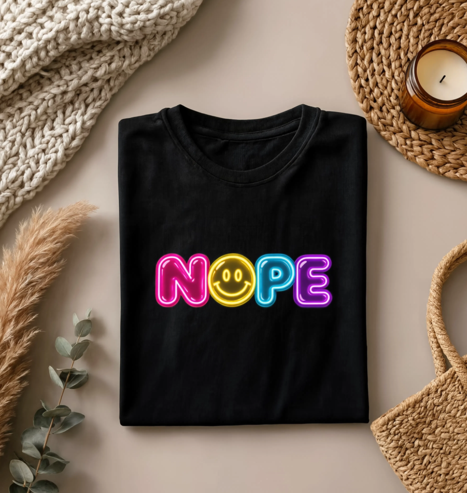 NOPE Retro Neon Smiley Face Shirt | Millennial Nostalgia Graphic Tee | 90s Inspired Colorful T-Shirt