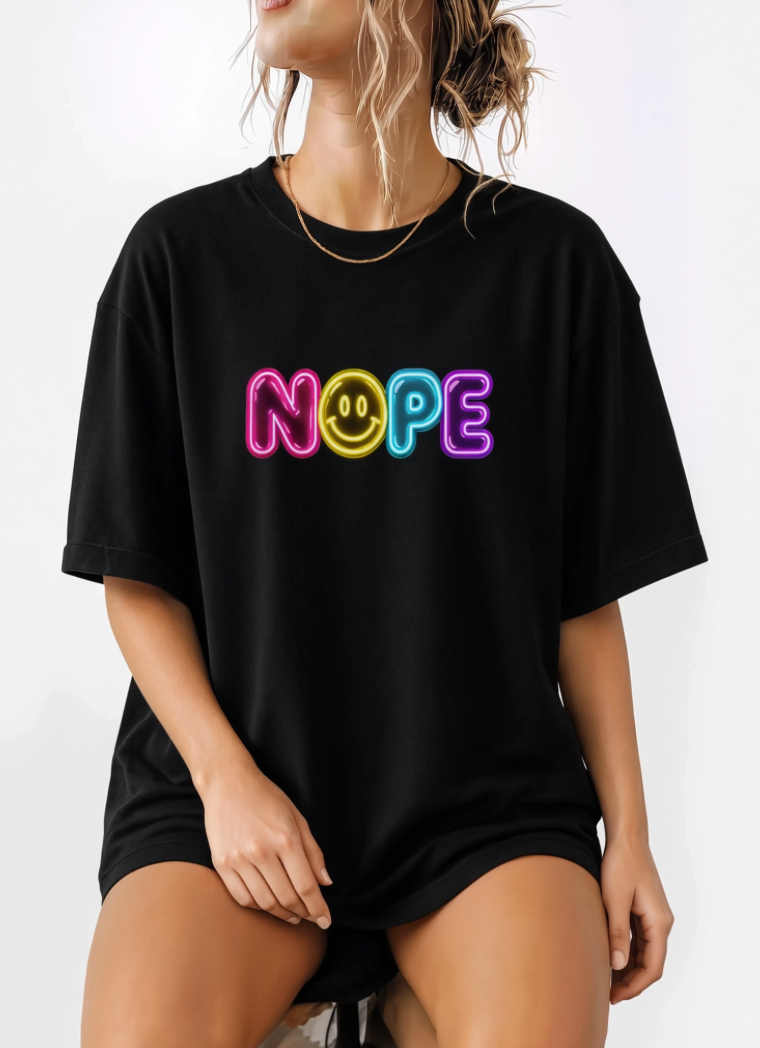 NOPE Retro Neon Smiley Face Shirt | Millennial Nostalgia Graphic Tee | 90s Inspired Colorful T-Shirt
