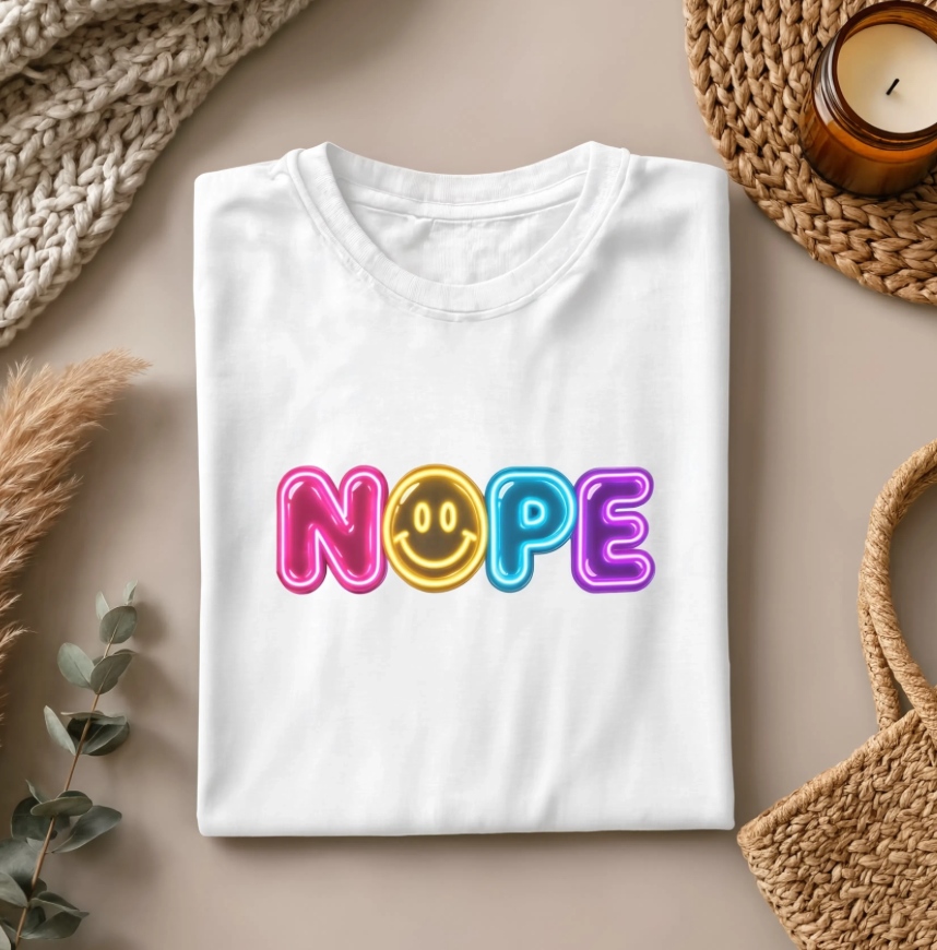 NOPE Retro Neon Smiley Face Shirt | Millennial Nostalgia Graphic Tee | 90s Inspired Colorful T-Shirt