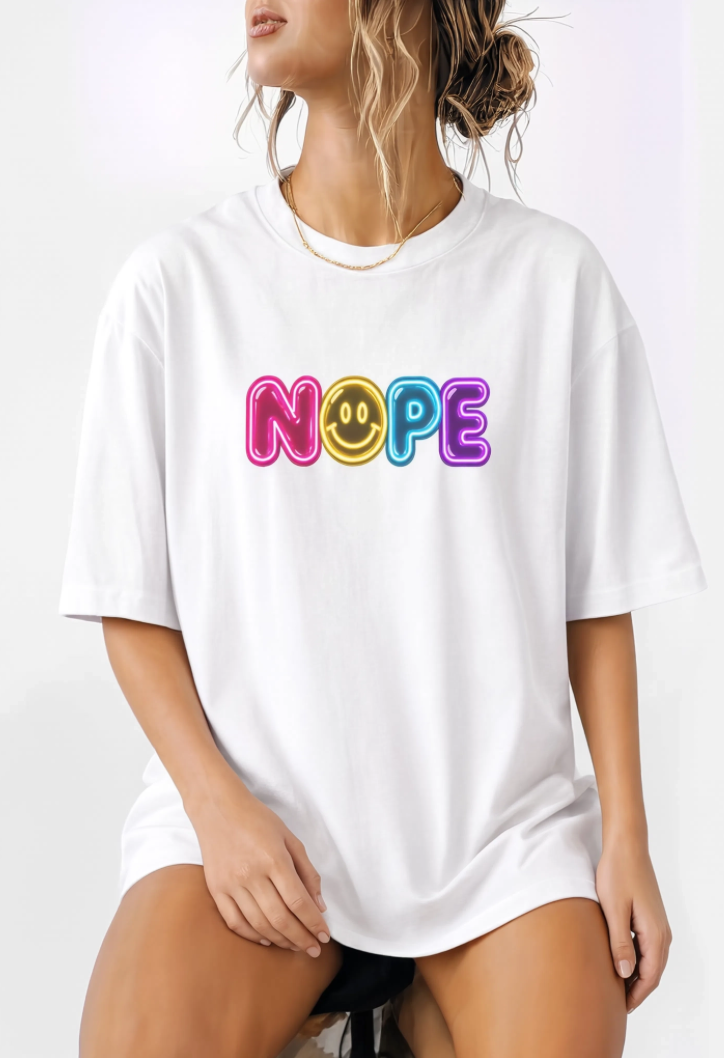 NOPE Retro Neon Smiley Face Shirt | Millennial Nostalgia Graphic Tee | 90s Inspired Colorful T-Shirt