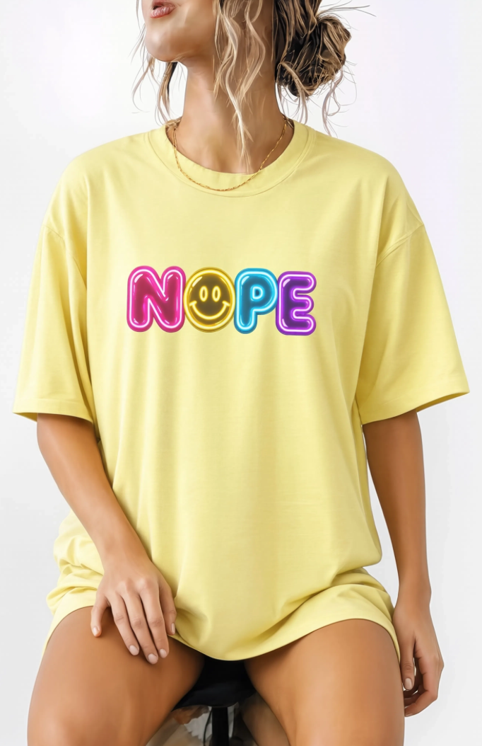 NOPE Retro Neon Smiley Face Shirt | Millennial Nostalgia Graphic Tee | 90s Inspired Colorful T-Shirt