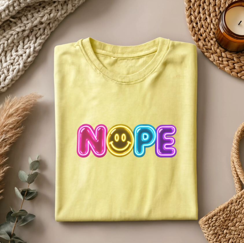 NOPE Retro Neon Smiley Face Shirt | Millennial Nostalgia Graphic Tee | 90s Inspired Colorful T-Shirt