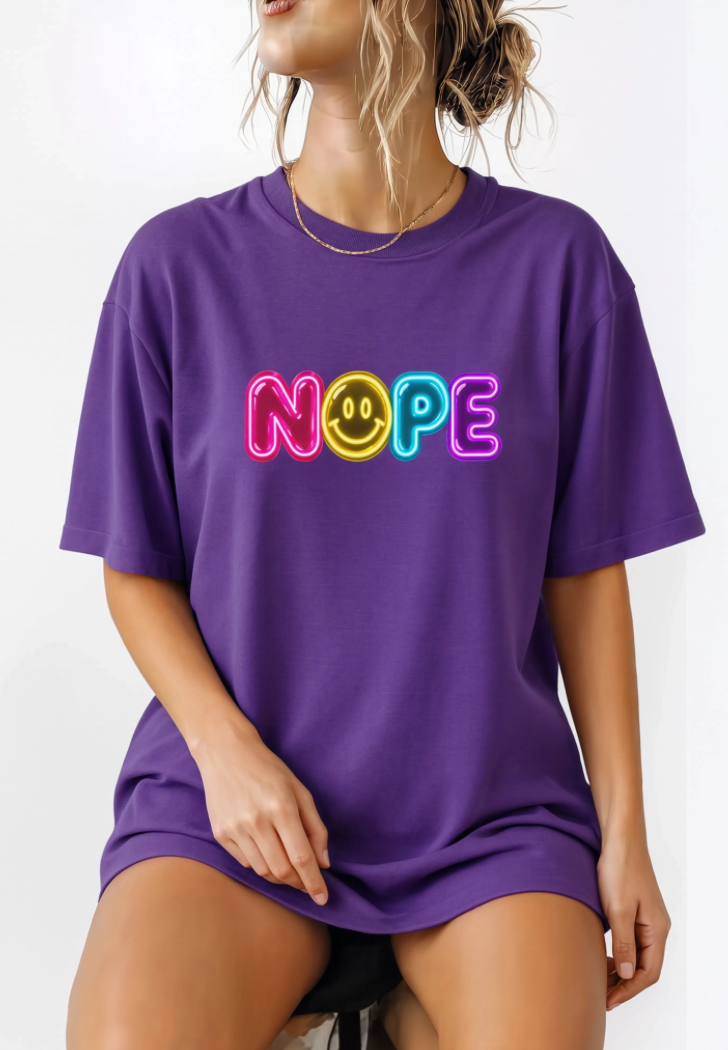 NOPE Retro Neon Smiley Face Shirt | Millennial Nostalgia Graphic Tee | 90s Inspired Colorful T-Shirt