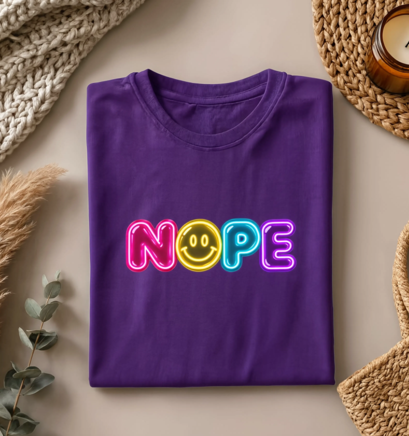 NOPE Retro Neon Smiley Face Shirt | Millennial Nostalgia Graphic Tee | 90s Inspired Colorful T-Shirt