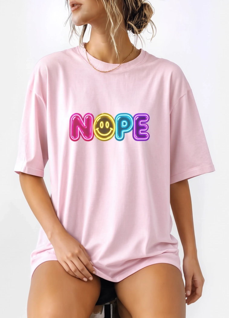 NOPE Retro Neon Smiley Face Shirt | Millennial Nostalgia Graphic Tee | 90s Inspired Colorful T-Shirt