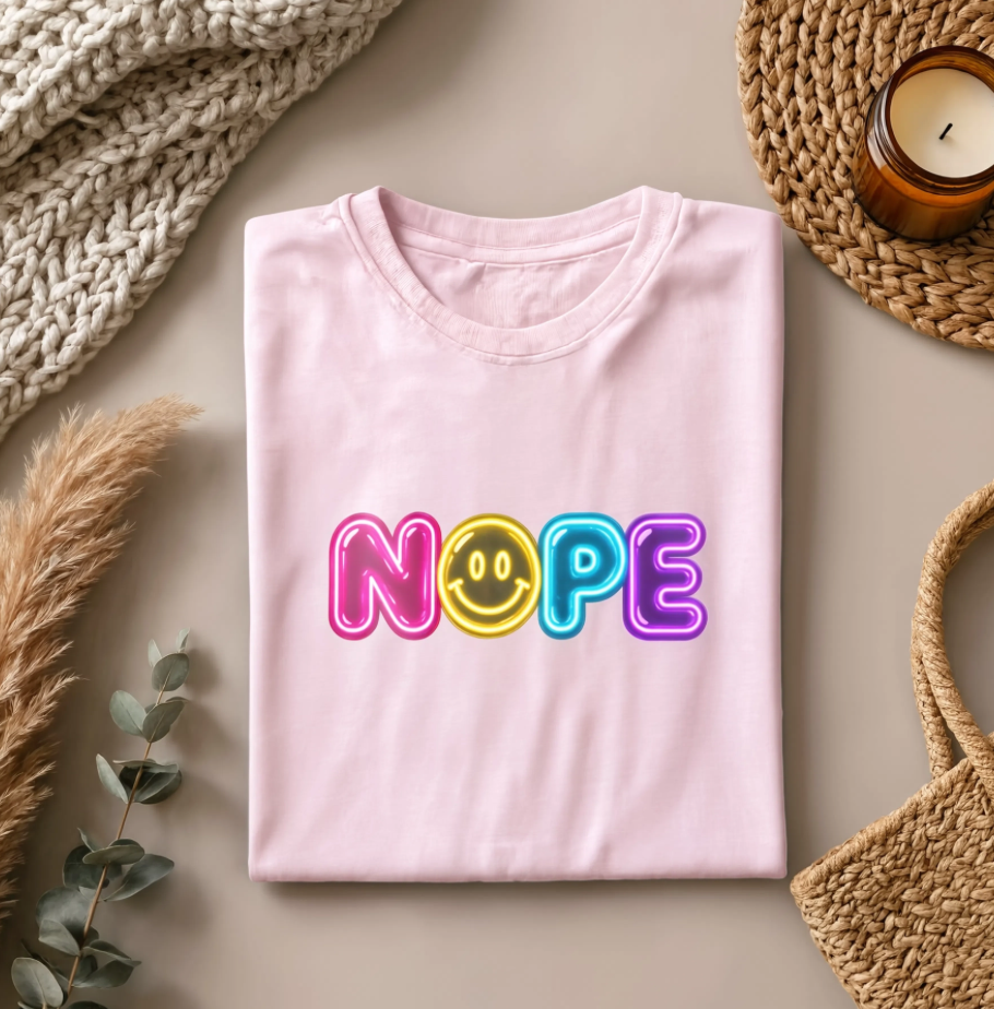 NOPE Retro Neon Smiley Face Shirt | Millennial Nostalgia Graphic Tee | 90s Inspired Colorful T-Shirt