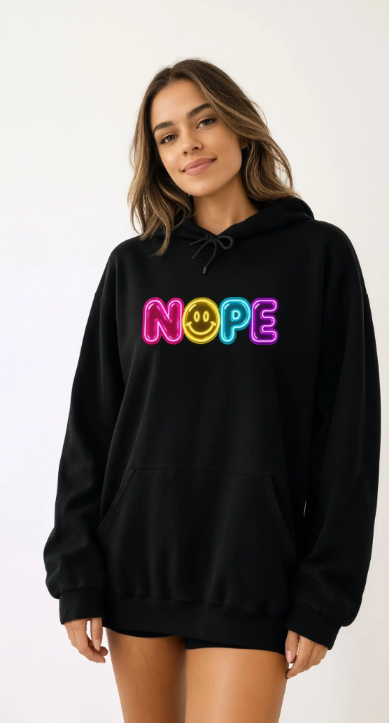 NOPE Retro Neon Hoodie | Millennial Nostalgia Sweatshirt | 90s Smiley Face Hoodie | Y2K Graphic Hoodie