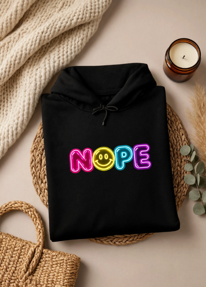 NOPE Retro Neon Hoodie | Millennial Nostalgia Sweatshirt | 90s Smiley Face Hoodie | Y2K Graphic Hoodie
