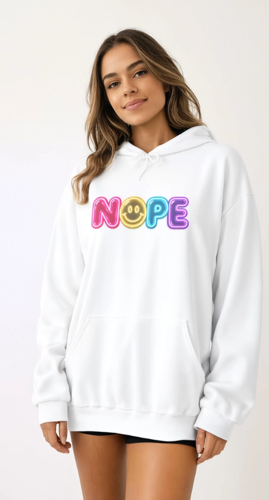 NOPE Retro Neon Hoodie | Millennial Nostalgia Sweatshirt | 90s Smiley Face Hoodie | Y2K Graphic Hoodie