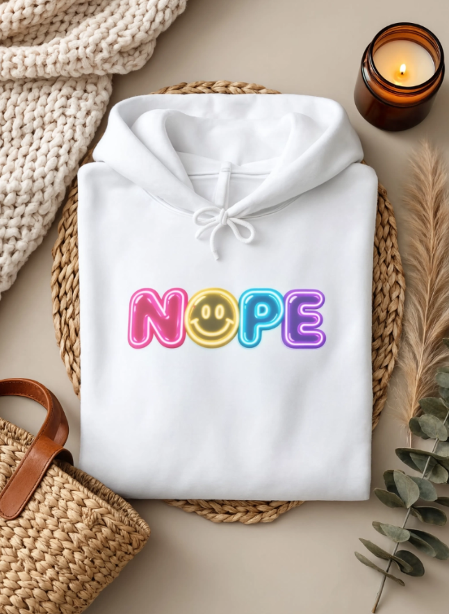 NOPE Retro Neon Hoodie | Millennial Nostalgia Sweatshirt | 90s Smiley Face Hoodie | Y2K Graphic Hoodie
