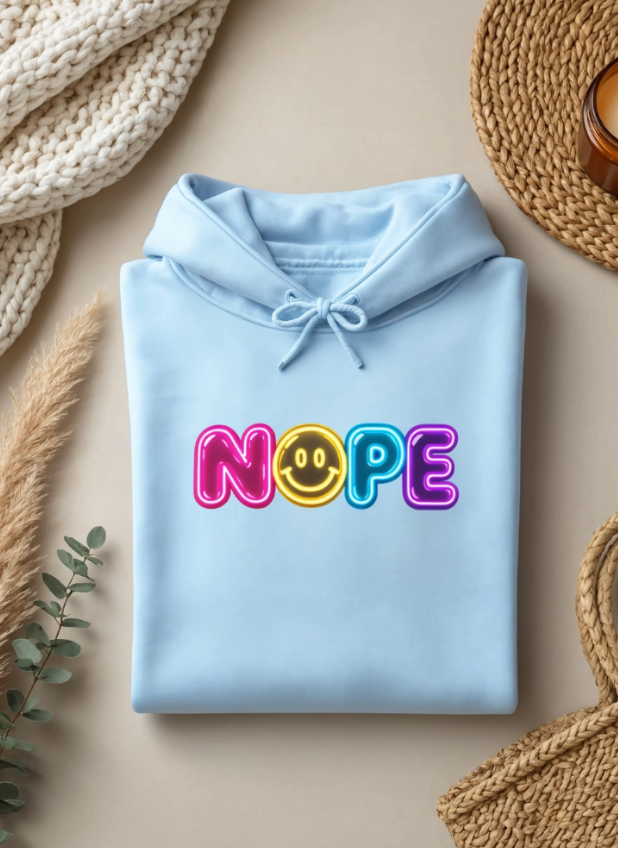 NOPE Retro Neon Hoodie | Millennial Nostalgia Sweatshirt | 90s Smiley Face Hoodie | Y2K Graphic Hoodie